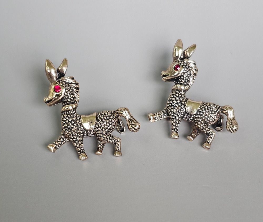 Vintage Donkey Figural Brooch Pin Matched Pair Red Rhinestone Eye MCM Set
